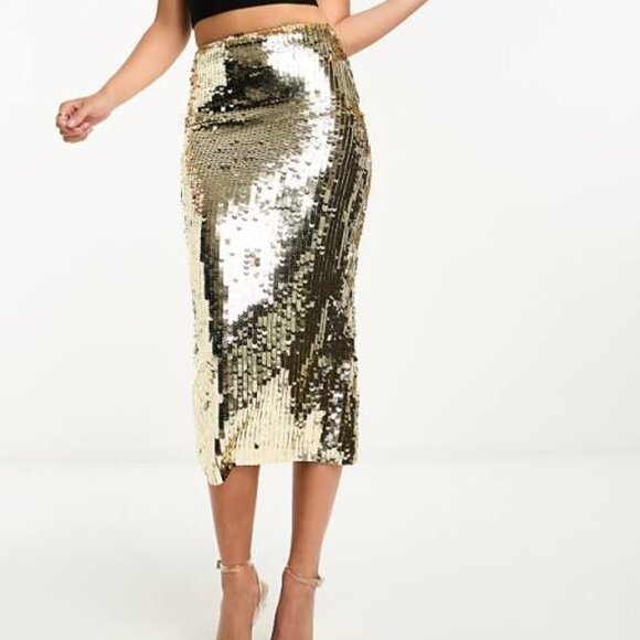 STARLET Sequin Hearts Liquid Gold Sequin High waist Midi Pencil skirt ASOS 4 NWT - Picture 1 of 8